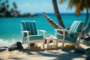 AI generated Beautiful seascape with relaxing chairs and palm fronds, summer season nature image photo