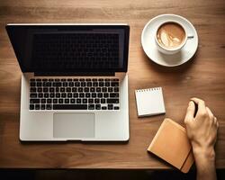 AI generated laptop phone pen and coffee on a rustic wooden board, business meeting image photo