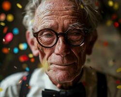 AI generated A grandfather in glasses and a bow tie, diverse active seniors pictures photo