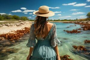 AI generated Fashionable woman with sun hat in the water gazing at the horizon, summer landscape image photo