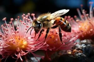 ai generado floral sabio abeja tranquilo sabiduría en floreciente trono, primavera sesión fotos