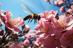 AI generated Bumblebee soaring amidst spring blooms, spring session photos