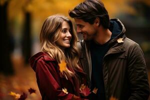 ai generado romántico propuesta rodeado por vibrante otoño follaje, enamorado, Fechado y amor propuesta imagen foto