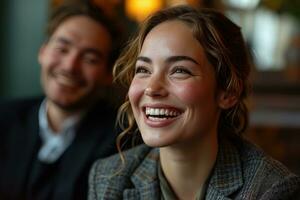 ai generado joven mujer de negocios sonrisas y se ríe con confianza, negocio reunión imagen foto