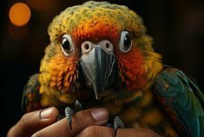 ai generado un vistoso loro sentado en alguien mano, animal fotografía fotos