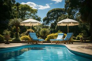 AI generated Loungers and umbrellas surround a refreshing blue pool under shady trees, summer season nature image photo
