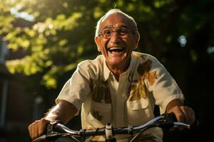 ai generado abrazando el al aire libre en un bicicleta, contento activo personas mayores imágenes foto