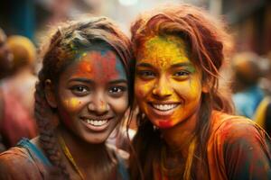 AI generated Women embracing holi with bright face paint, holi festival image download photo
