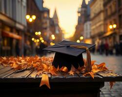 ai generado un solitario graduación gorra en un mesa en un abandonado ciudad calle, educación imágenes para sitio web foto