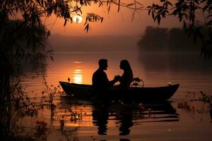 ai generado hombre regalos ramo de flores en un bote de remos en un tranquilo lago, enamorado, Fechado y amor propuesta imagen foto