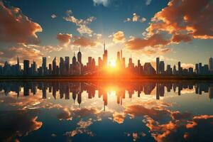 AI generated Sunlit skyline brightened city structures in daylight, sunrise and sunset wallpaper photo