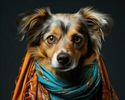 AI generated A cute dog wearing a cozy winter scarf, cute domestic pet image photo