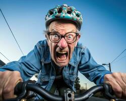 ai generado mayor hombre abrazando al aire libre bicicleta aventura, contento activo personas mayores imágenes foto