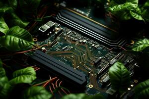 AI generated Nature interconnected web depicted through a circuit board of leaves and vines, earth friendly images photo