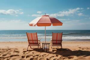 AI generated Two chairs and an umbrella on an empty beach, summer landscape image photo
