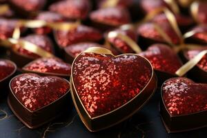 ai generado corazón chocolates infundido con comestible oro para un lujoso tocar, enamorado, Fechado y amor propuesta imagen foto