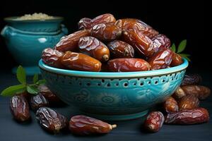 ai generado un cuenco de delicioso fechas conjunto en contra un calmante azul fondo, eid y Ramadán imágenes foto
