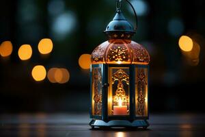 AI generated Small lantern radiating light in the shadows, eid and ramadan images photo