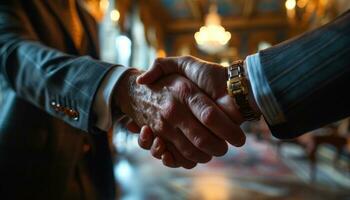 AI generated Two businessmen exchange a handshake closing a successful business meeting, business meeting image photo