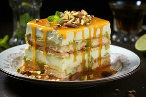 AI generated Irresistible pistachio falooda arranged on a white plate highlighting the colorful layers, eid and ramadan images photo