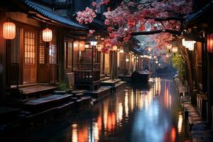 AI generated Romantic twilight gondola journey in a picturesque setting, valentine, dating and love proposal image photo