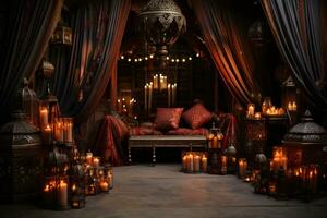 AI generated Bohemian tent illuminated by candlelit lanterns, valentine, dating and love proposal image photo