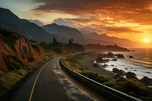 ai generado puesta de sol costero autopista escénico ruta mediante montañas y mar, amanecer y puesta de sol fondo de pantalla foto