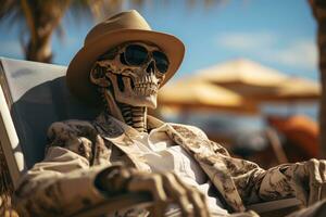 AI generated Chilled skeleton unwinding in a lounge chair, best summer image photo