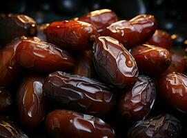 AI generated Close up shot of ominous dried dates with a shadowy ambiance, eid and ramadan images photo