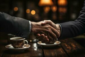 AI generated Two colleagues in a firm handshake sealing a partnership, business meeting image photo