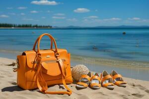 AI generated Sandals beach bag and the warm embrace of the sun, beautiful summer photo