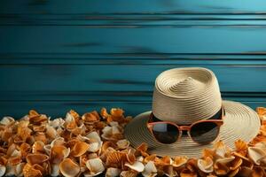 AI generated Hats sunglasses and seashells laid out on blue planks, beautiful summer photo