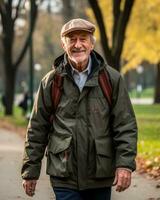 AI generated Park stroll of an elderly man, active seniors lifestyle images photo