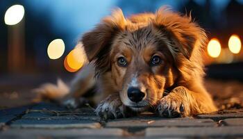 ai generado un perro tendido en un acera a noche, animal fotografía fotos