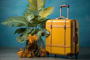 AI generated Yellow suitcase and tropical leaf creating a summer fantasy, best summer image photo