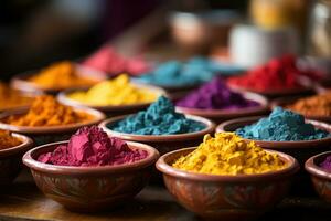 AI generated Vibrant powder in festival bowl, holi festival image download photo