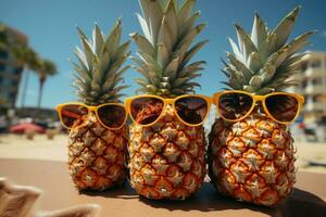 AI generated Three pineapples friends in shades against a yellow sky, summer season nature image photo