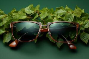 AI generated Sunglasses capture the reflection of nature greenery, go green images photo