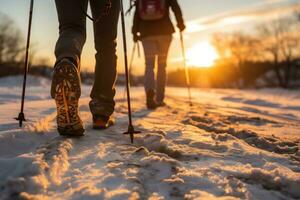 ai generado Nevado puesta de sol paseo par de esquí polos estrella de guía pies en nieve, amanecer y puesta de sol fondo de pantalla foto