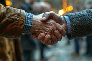 AI generated Office men celebrate with a hearty handshake, business meeting image photo