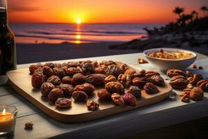 AI generated Dates arranged in a visually stunning setting, eid and ramadan images photo