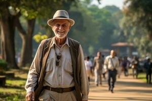 AI generated An elderly man park walk, happy active seniors images photo
