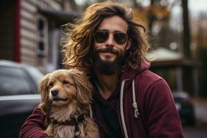 AI generated A bearded man holds a dog in his arms in a heartwarming photo, pet photo