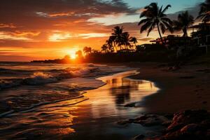 AI generated Evening horizon coastal beauty at sunset, sunrise and sunset wallpaper photo