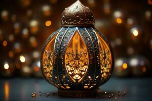 AI generated Intricate details of a handmade lantern shining in the gentle glow of ambient light, eid and ramadan images photo