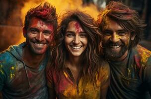AI generated Friends radiating smiles in colorful festivity, holi festival image download photo