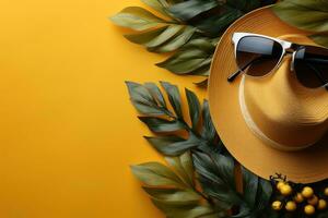 AI generated Stylish hats glasses eyeshadow and tropical leaves on yellow, beautiful summer photo