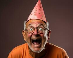 ai generado Envejecido hombre Listo para celebracion en sombrero y anteojos, contento activo personas mayores imágenes foto