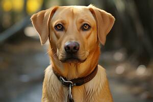 ai generado amarillo Labrador perdiguero en Correa, animal fotografía fotos