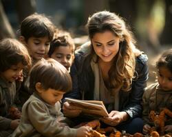 ai generado profesor madre leyendo a niños como ellos jugar en el suelo, educativo foto